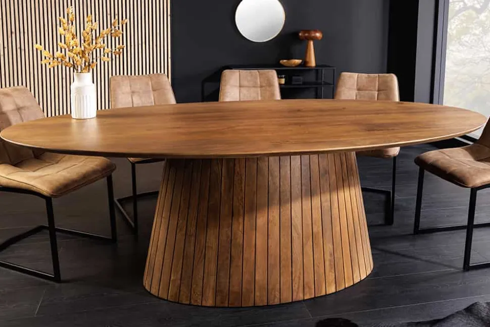 Ovaler Esstisch ART DECO 220cm braun smoked massives Mangoholz mit Säulenfuß