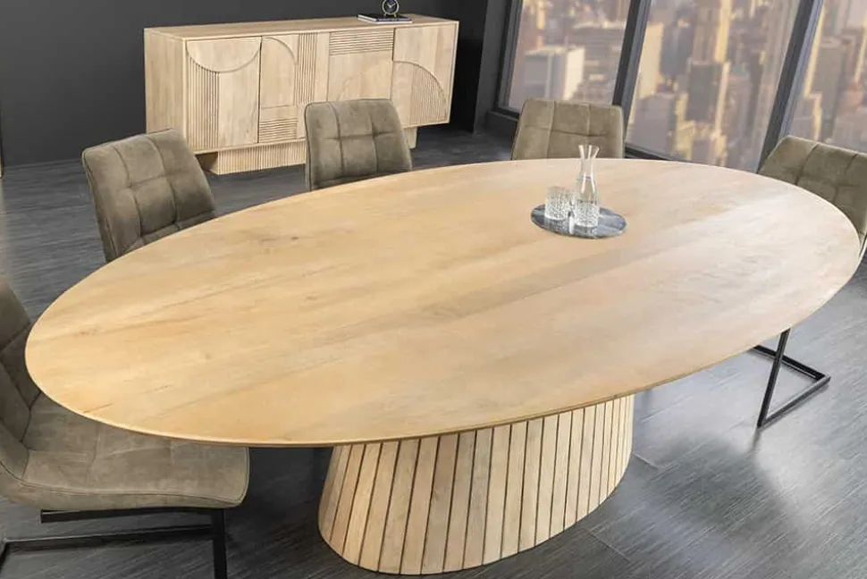 Ovaler Esstisch ART DECO 220cm weiß gekälkt massives Mangoholz mit Säulenfuß