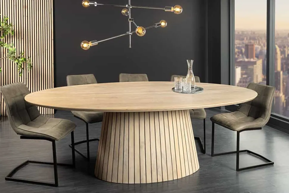 Ovaler Esstisch ART DECO 220cm weiß gekälkt massives Mangoholz mit Säulenfuß