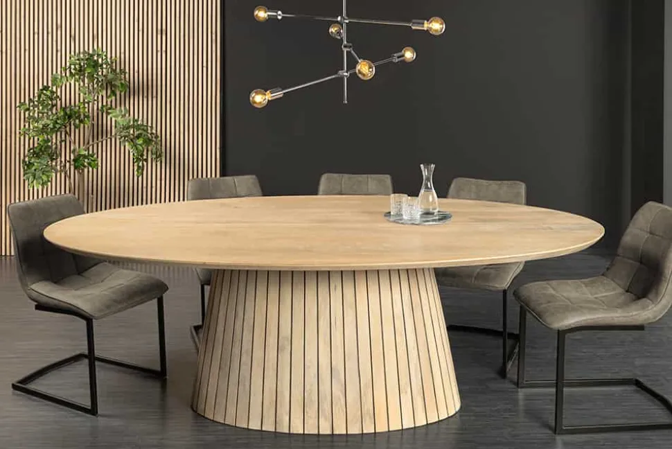 Ovaler Esstisch ART DECO 220cm weiß gekälkt massives Mangoholz mit Säulenfuß
