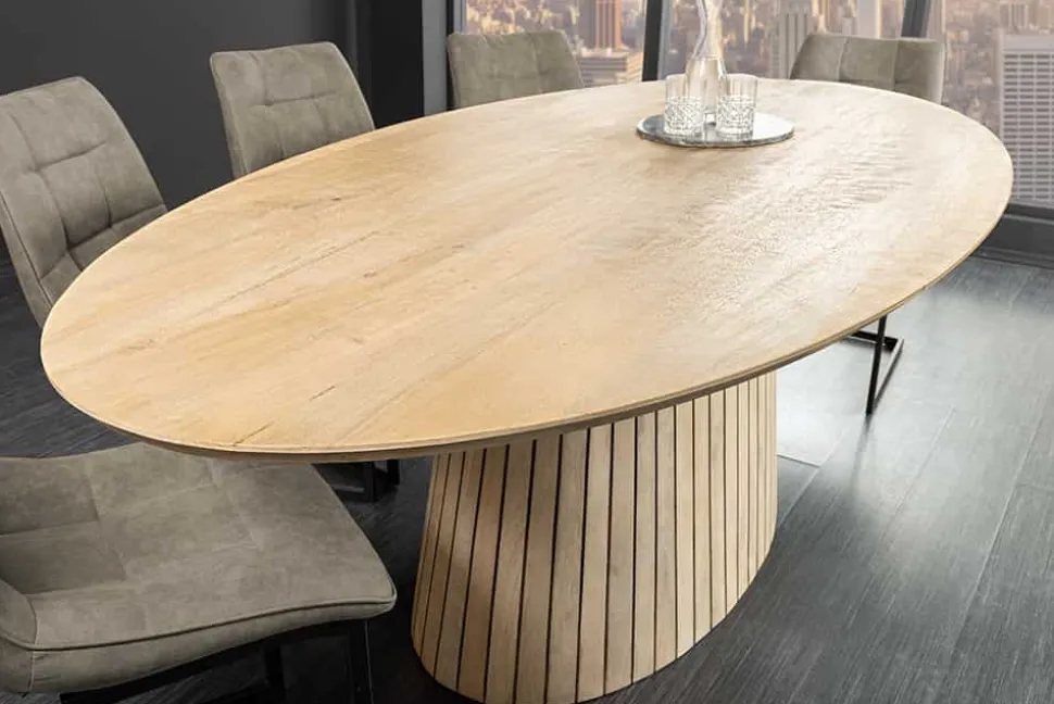 Ovaler Esstisch ART DECO 220cm weiß gekälkt massives Mangoholz mit Säulenfuß