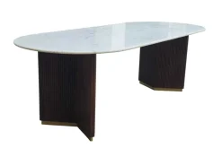 Ovaler Esstisch GATSBY 240cm braun gold Mangoholz weiße Marmorplatte V-Gestell
