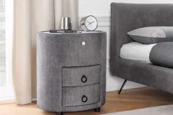 Ovaler Nachttisch SIGNUM 55cm grau Vogue Velours Samt inkl. Beleuchtung Schubladen