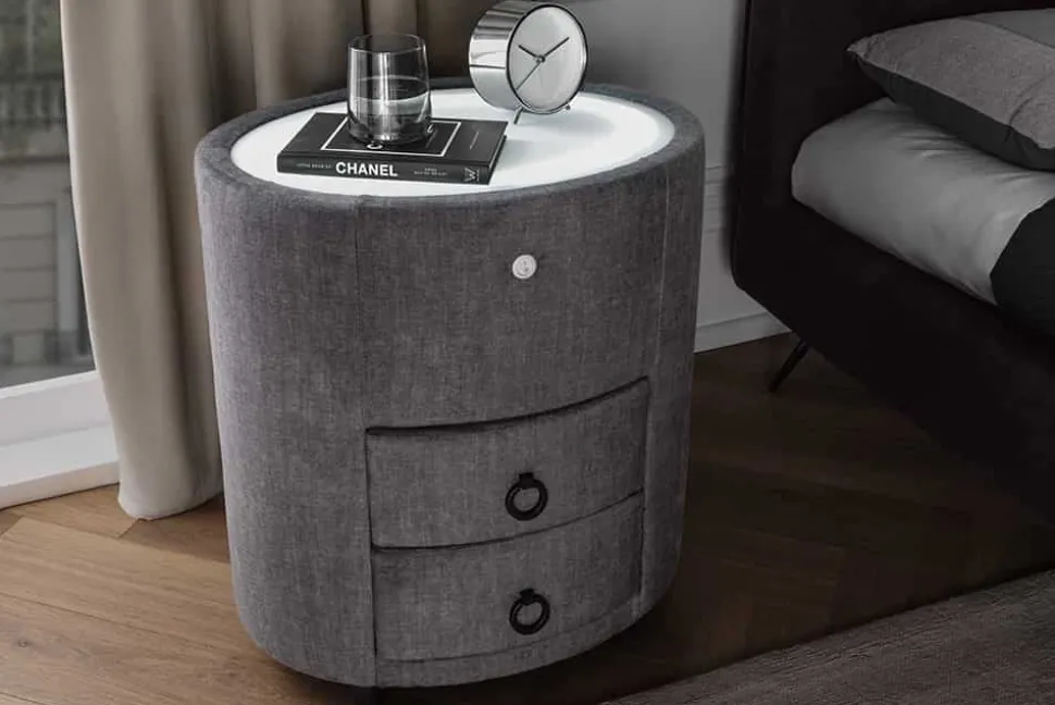 Ovaler Nachttisch SIGNUM 55cm grau Vogue Velours Samt inkl. Beleuchtung Schubladen