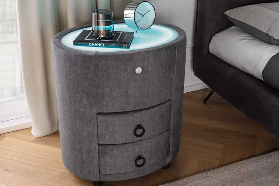 Ovaler Nachttisch SIGNUM 55cm grau Vogue Velours Samt inkl. Beleuchtung Schubladen