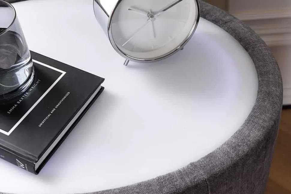 Ovaler Nachttisch SIGNUM 55cm grau Vogue Velours Samt inkl. Beleuchtung Schubladen
