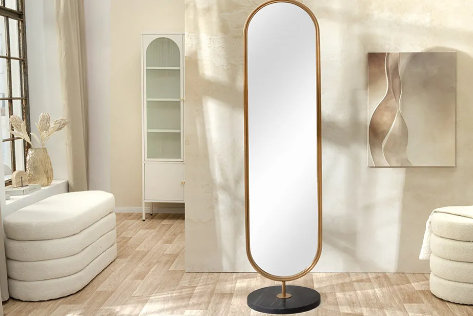 Ovaler Standspiegel PORTRAIT 175cm gold Eisen schwarzer Marmorfuß handmade