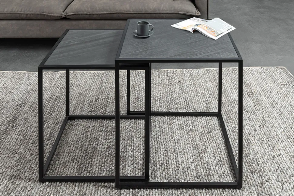Quadratisches 2er Set Beistelltische MOUNTAIN SOUL 60cm schwarz Naturstein Metall