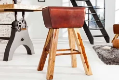 Retro Barhocker TURNBOCK 75cm mit Echtleder Bezug Mangoholz Barstuhl