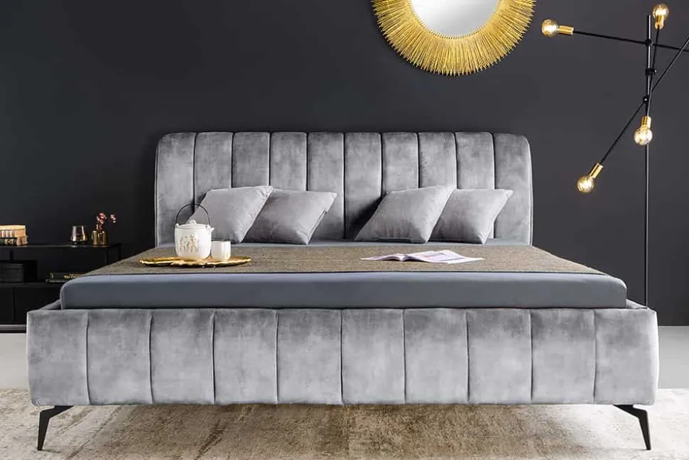 Retro Bett AMSTERDAM 180x200cm grau Samt schwarz Metall Polsterbett