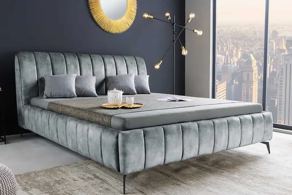 Retro Bett AMSTERDAM 180x200cm grau Samt schwarz Metall Polsterbett