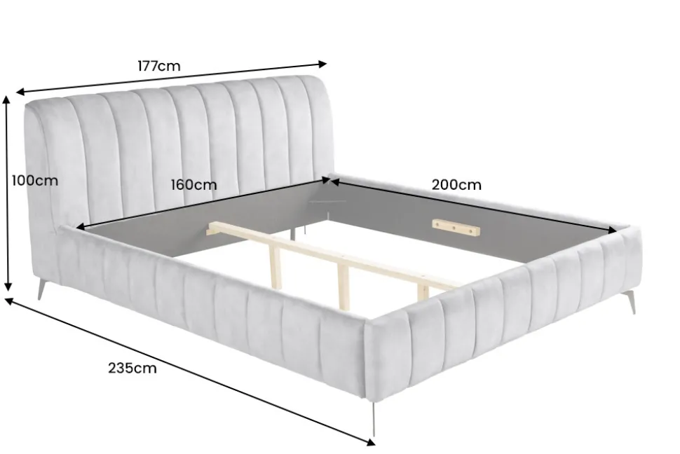 Retro Bett AMSTERDAM 160x200cm grau Samt schwarz Metall Polsterbett