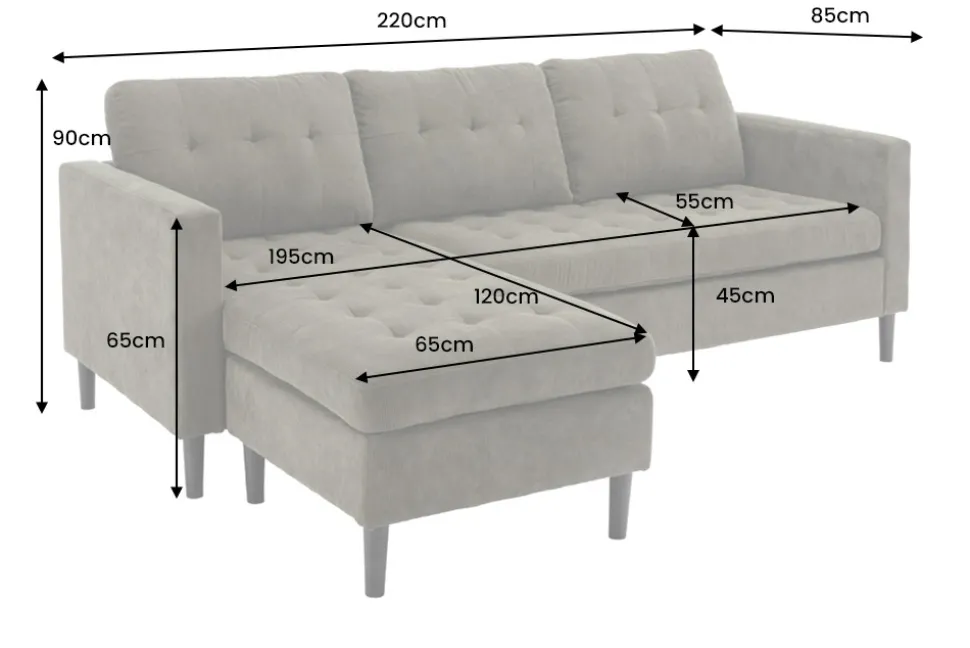Retro Ecksofa STOCKHOLM 220cm grün Cordstoff Federkern 3-Sitzer