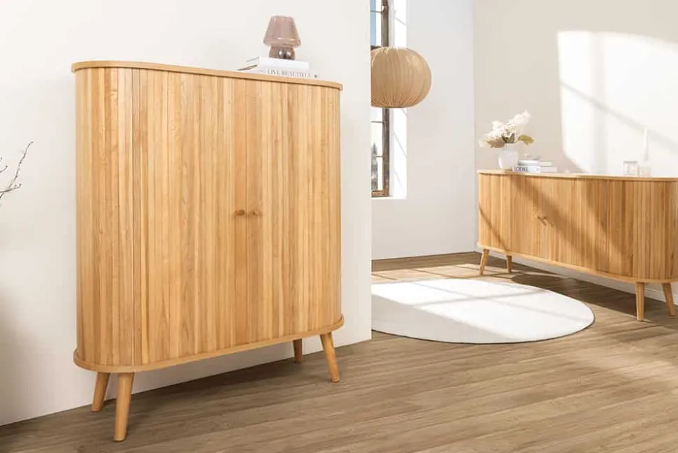 Retro Highboard VALHALLA WOOD 120cm natur Eichenholz Schiebetüren