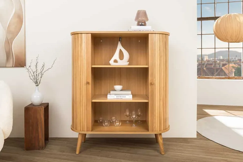 Retro Highboard VALHALLA WOOD 120cm natur Eichenholz Schiebetüren