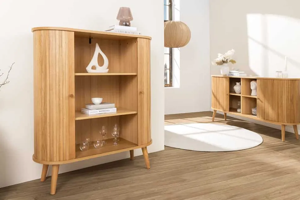 Retro Highboard VALHALLA WOOD 120cm natur Eichenholz Schiebetüren