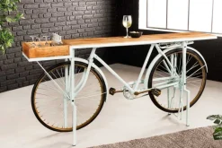 Retro Konsolentisch BICYCLE 190cm salbei natur Mangoholz Fahrrad Bartisch Upcycling