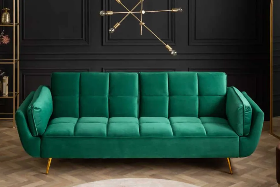 Retro Schlafsofa BOUTIQUE 215cm smaragdgrün Samt 3-Sitzer mit goldenen Füßen
