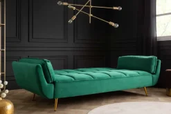 Retro Schlafsofa BOUTIQUE 215cm smaragdgrün Samt 3-Sitzer mit goldenen Füßen