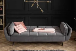 Retro Schlafsofa BOUTIQUE 215cm grau Samt 3-Sitzer mit schwarzen Füßen