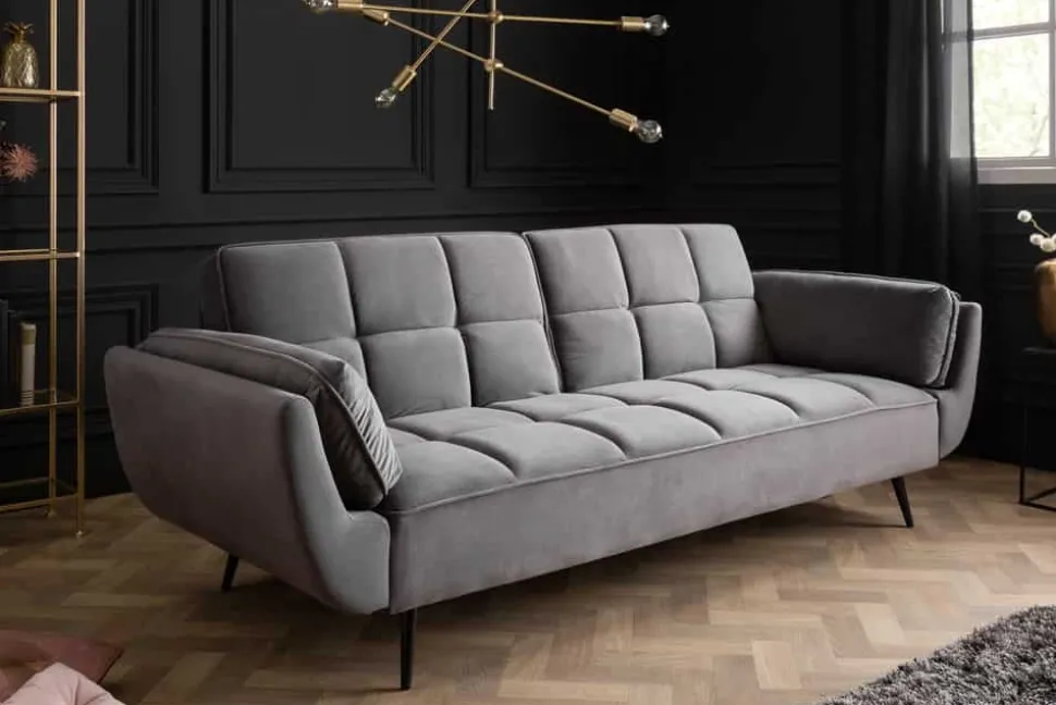 Retro Schlafsofa BOUTIQUE 215cm grau Samt 3-Sitzer mit schwarzen Füßen