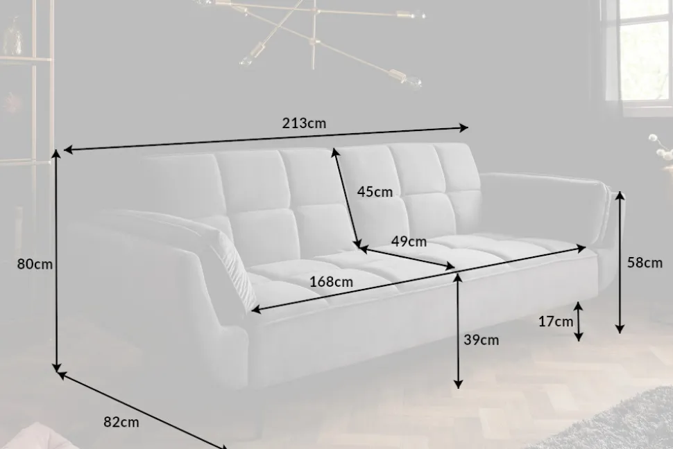 Retro Schlafsofa BOUTIQUE 215cm grau Samt 3-Sitzer mit schwarzen Füßen