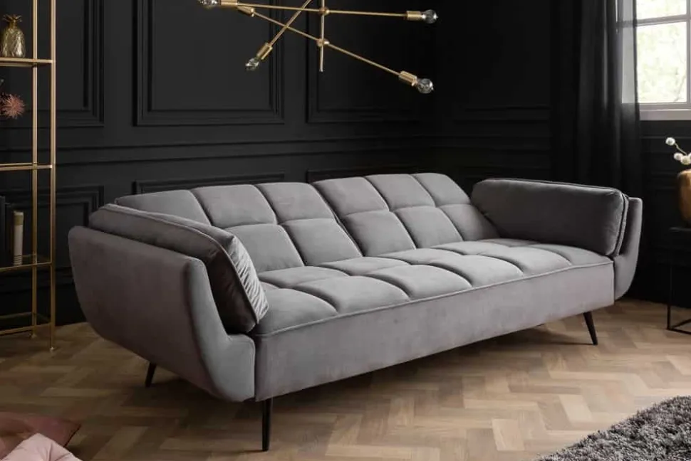 Retro Schlafsofa BOUTIQUE 215cm grau Samt 3-Sitzer mit schwarzen Füßen