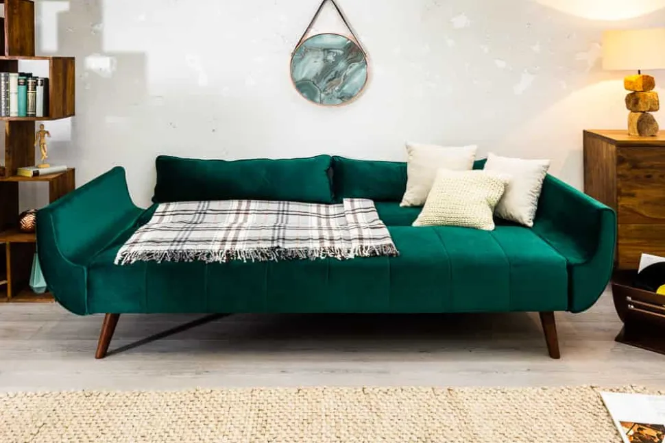 Retro Schlafsofa DIVANI 220cm smaragdgrün Samt 3-Sitzer mit Bettfunktion