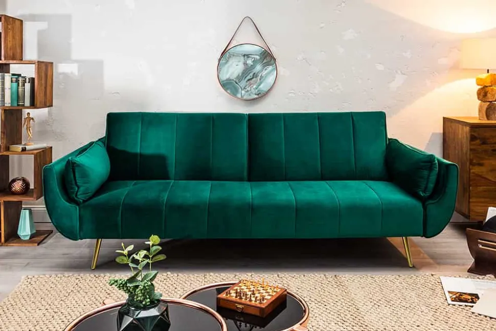 Retro Schlafsofa DIVANI 220cm smaragdgrün Samt goldene Metallfüße 3-Sitzer mit Bettfunktion