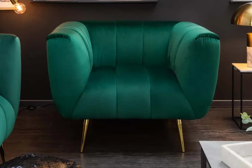 Retro Sessel NOBLESSE 105cm smaragdgrün Samt mit Ziersteppung