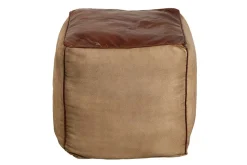 Retro Sitzpouf MUSTANG 45cm Lederbezug mit Leinen Sitzwürfel