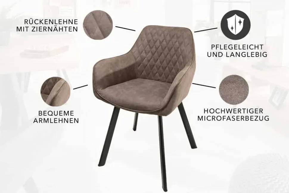 Retro Stuhl PALERMO taupe mit Armlehne und Ziersteppung