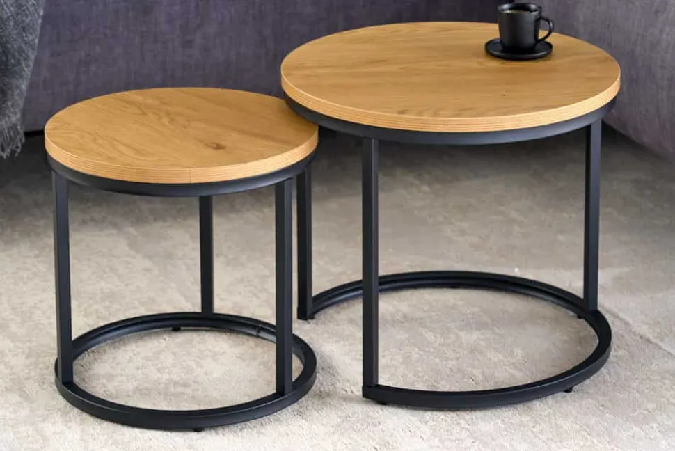 Runde Beistelltische 2er Set ELEGANCE 45cm natur Wildeiche-Design Holz schwarzes Metallgestell