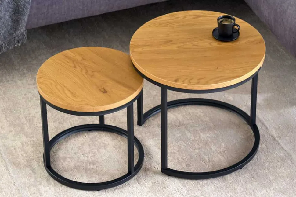 Runde Beistelltische 2er Set ELEGANCE 45cm natur Wildeiche-Design Holz schwarzes Metallgestell