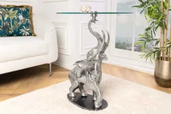 Runder Beistelltisch ELEPHANT 80cm silber Metall Glas Marmor Skulptur handmade