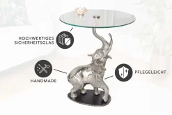 Runder Beistelltisch ELEPHANT 80cm silber Metall Glas Marmor Skulptur handmade