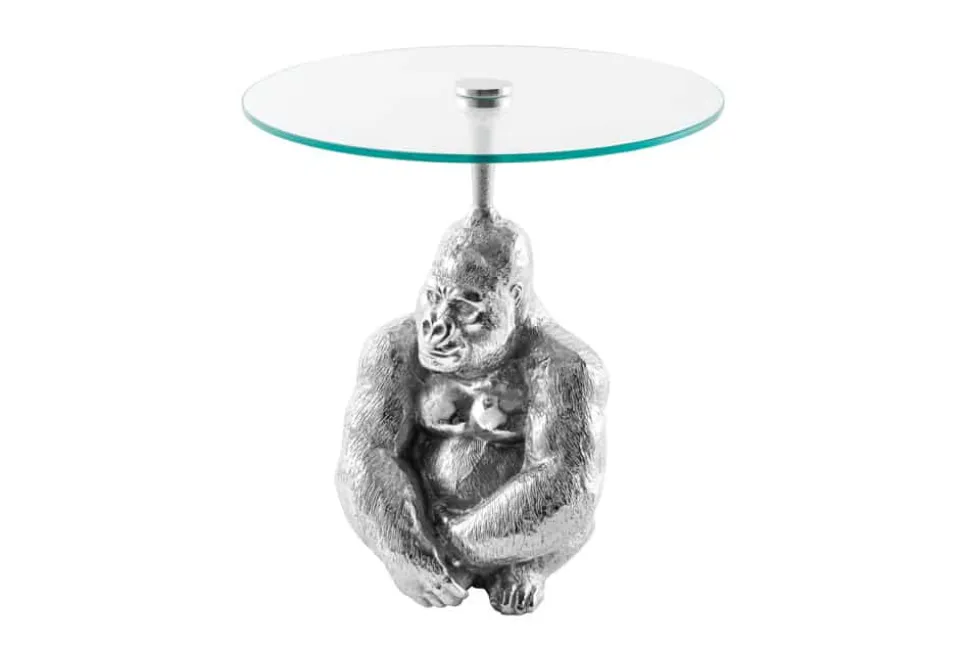 Runder Beistelltisch KONG 50cm silber Metall Glas Affenfigur Gorilla Skulptur