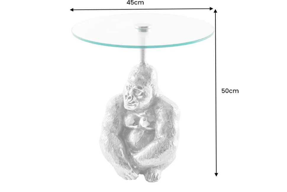 Runder Beistelltisch KONG 50cm silber Metall Glas Affenfigur Gorilla Skulptur