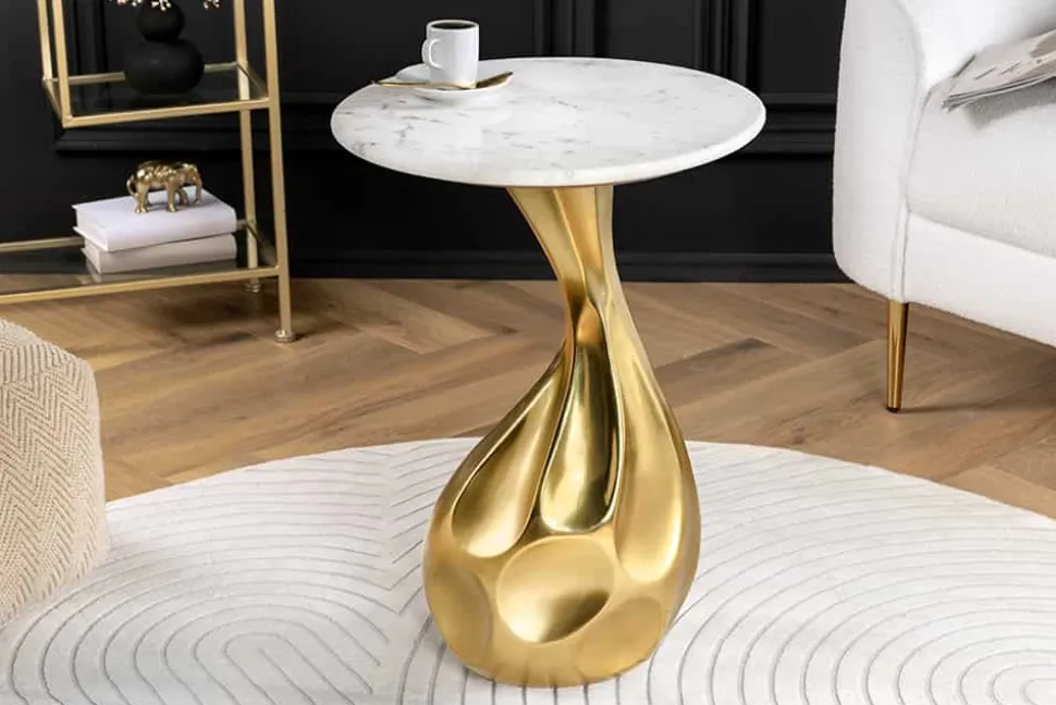 Runder Beistelltisch TEAR 60cm gold weiß mit Marmor-Tischplatte handmade
