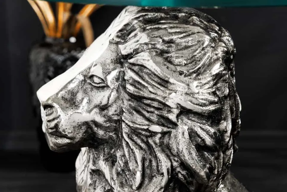 Runder Beistelltisch WILDLIFE LION 60cm silber antik Metall Glas Löwen Skulptur