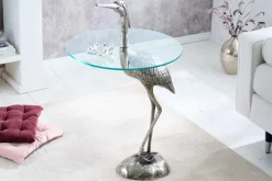Runder Beistelltisch WILDLIFE HERON 90cm silber Metall Glas Fischreiher Skulptur handmade
