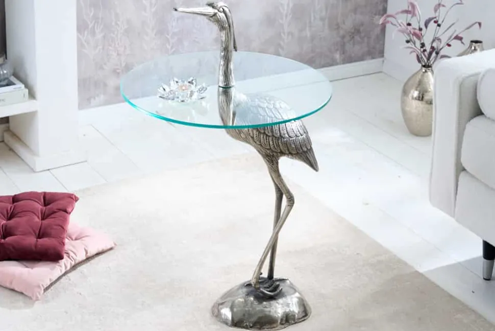 Runder Beistelltisch WILDLIFE HERON 90cm silber Metall Glas Fischreiher Skulptur handmade