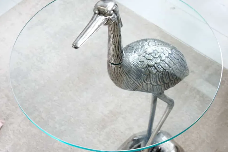 Runder Beistelltisch WILDLIFE HERON 90cm silber Metall Glas Fischreiher Skulptur handmade
