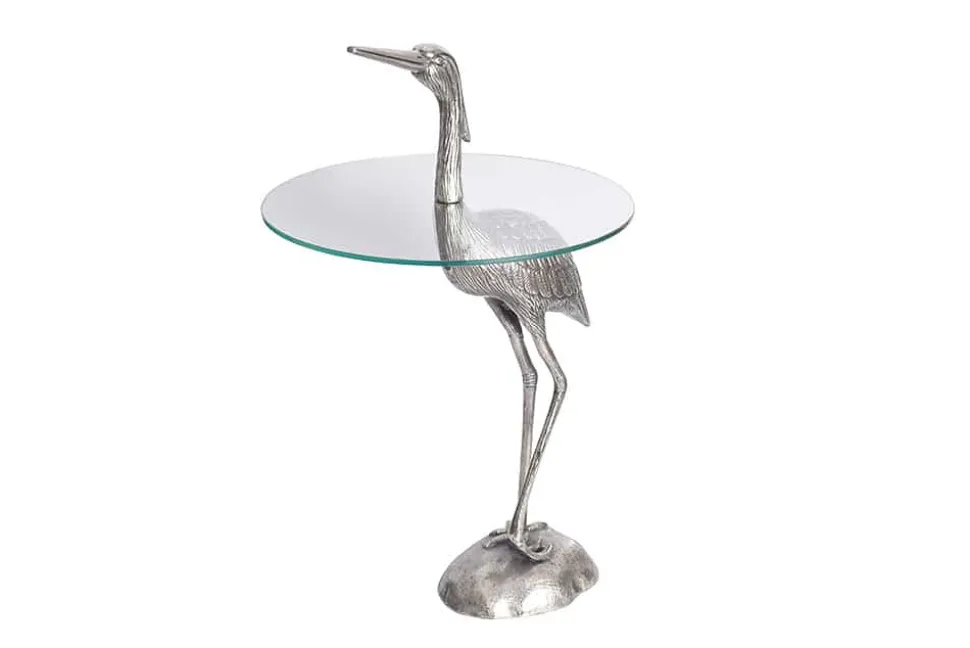 Runder Beistelltisch WILDLIFE HERON 90cm silber Metall Glas Fischreiher Skulptur handmade