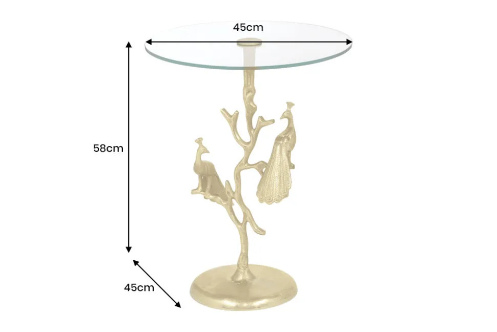 Runder Beistelltisch WILDLIFE PEACOCK 60cm gold Glasplatte Metall Pfauen-Skulptur