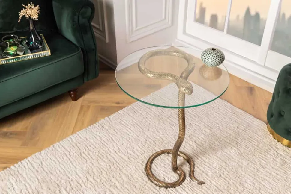 Runder Beistelltisch WILDLIFE SNAKE 65cm kupfer antik Metall Glas handmade