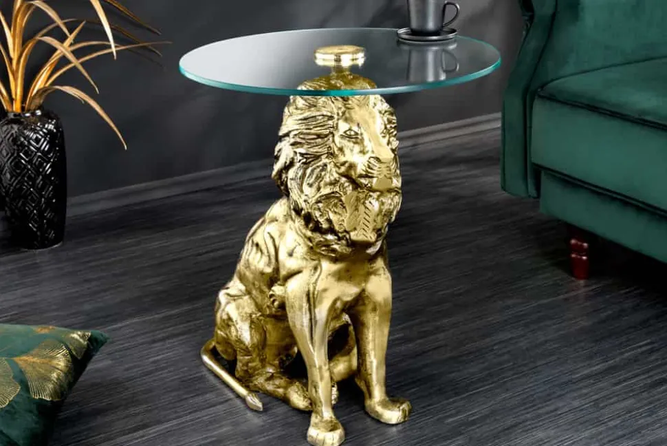 Runder Beistelltisch WILDLIFE LION 60cm gold antik Metall Glas Löwen Skulptur