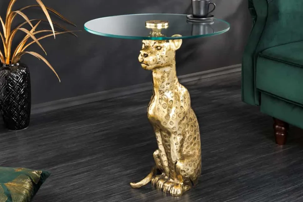 Runder Beistelltisch WILDLIFE PANTHER 60cm gold antik Metall Glas Skulptur handmade