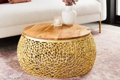 Runder Couchtisch ABSTRACT LEAF 75cm gold Metall massiv Akazienholz filigrane Handarbeit