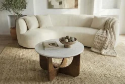 Runder Couchtisch ENSO 60cm weiß Marmor braun massiv Mangoholz